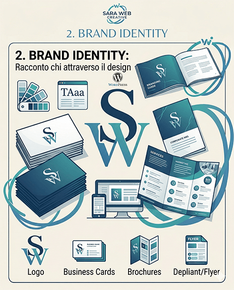 Infografica sulla Brand Identity di Sara Web Creative con esempi di logo, biglietti da visita, brochure e flyer.