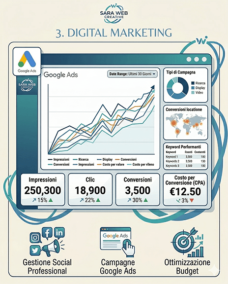 Infografica sul Digital Marketing e Google Ads di Sara Web Creative con dashboard delle metriche e icone dei servizi social.