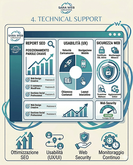 Infografica sul Supporto Tecnico e Manutenzione Web di Sara Web Creative con dashboard di monitoraggio SEO, usabilità e sicurezza.