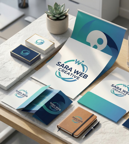 Set di materiale grafico pubblicitario con biglietti da visita, brochure a tre ante, volantini e cartelline coordinate.