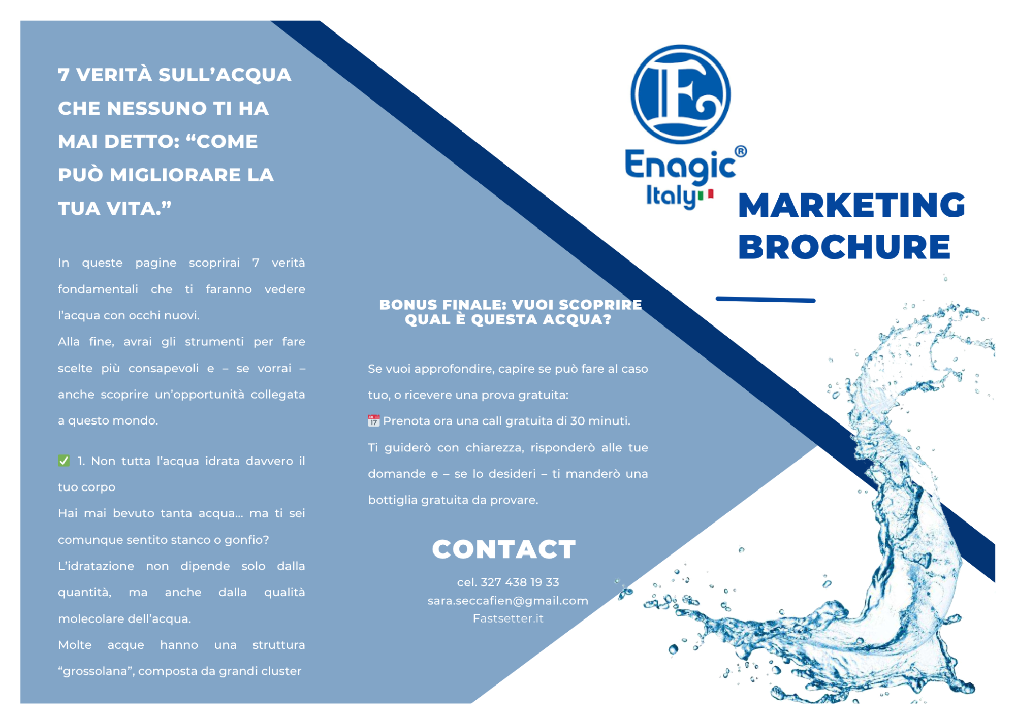 Copertina e sezione contatti della brochure di marketing Enagic Italy sulle 7 verità sull'acqua