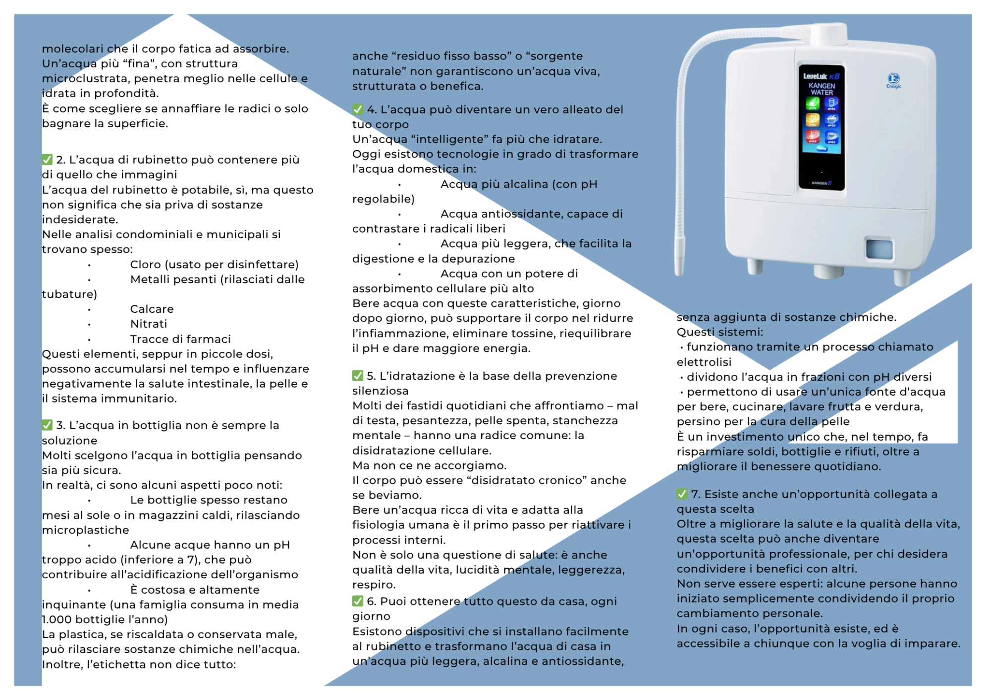 Sezioni interne della brochure informativo-pubblicitaria di Enagic sul dispositivo Leveluk K8 e i benefici dell'acqua alcalina