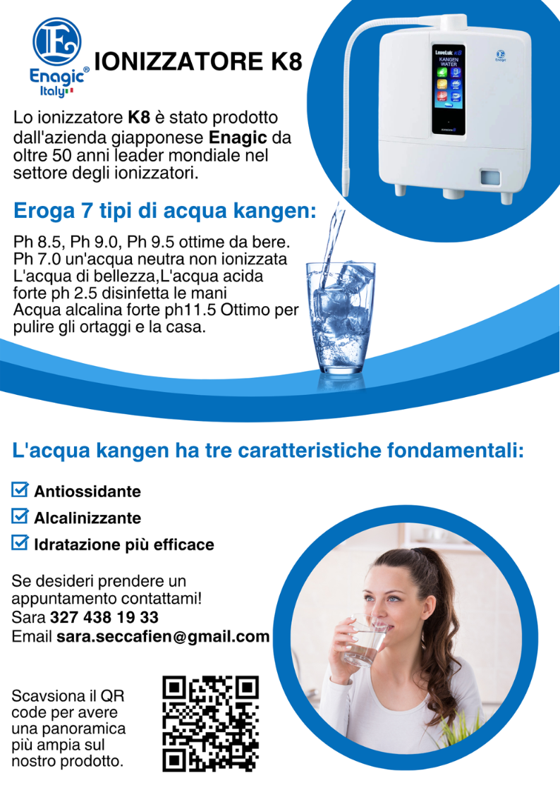 Volantino promozionale dello Ionizzatore d'acqua K8 di Enagic Italy per acqua Kangen
