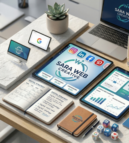 Dashboard di reportistica Google Ads e social media marketing mostrata su tablet con piano di digital strategy cartaceo.
