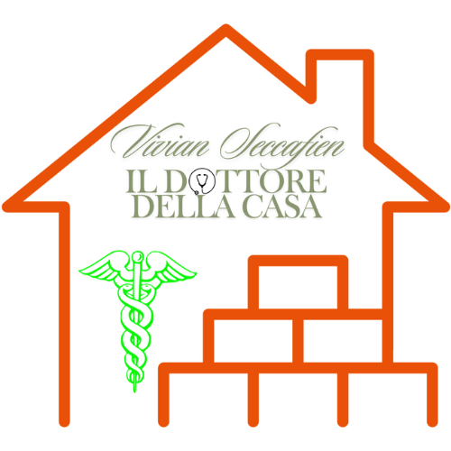Logo scartato per "Il Dottore della Casa" di Vivian Seccafien: una sagoma di casa arancione contenente il testo in grigio, un caduceo verde a sinistra e blocchi arancioni a forma di scala a destra.