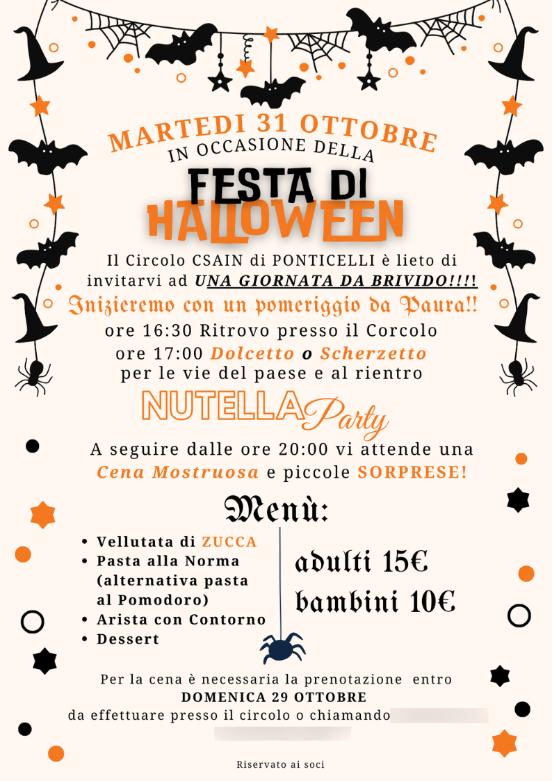 Volantino della Festa di Halloween e Nutella Party con cena al Circolo CSAIN Ponticelli per martedì 31 ottobre.