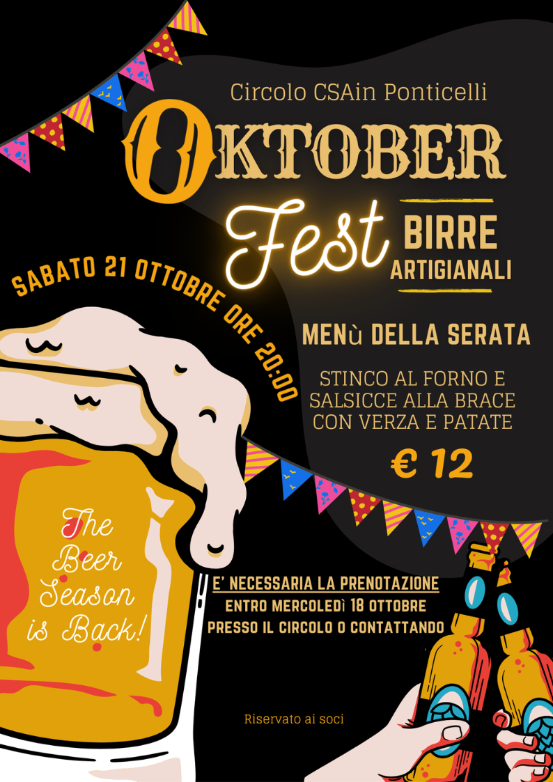 Volantino A4 con il programma e il menù dell'Oktoberfest al Circolo CSAin Ponticelli per sabato 21 ottobre.