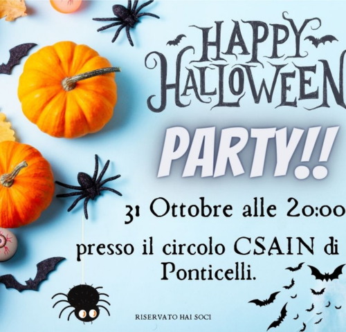 Locandina dell'Happy Halloween Party al Circolo CSAIN di Ponticelli per il 31 ottobre alle 20:00.