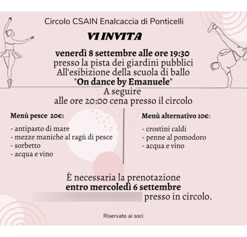 Locandina dell'esibizione della scuola di ballo On dance by Emanuele e cena al Circolo CSAIN Enalcaccia di Ponticelli, venerdì 8 settembre.