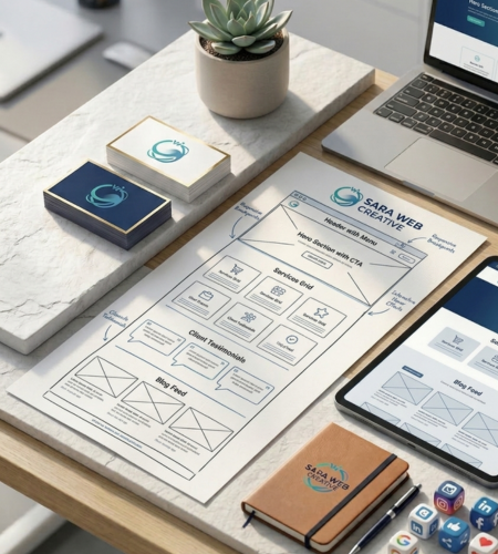 Boia di progettazione wireframe per sito web con layout responsive, biglietti da visita e laptop su una scrivania da lavoro