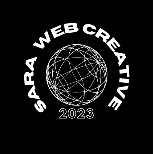 Logo circolare su sfondo nero con globo reticolare centrale. Sopra, il testo "SARA WEB CREATIVE". Sotto, "2023". Tutto il testo è in bianco.