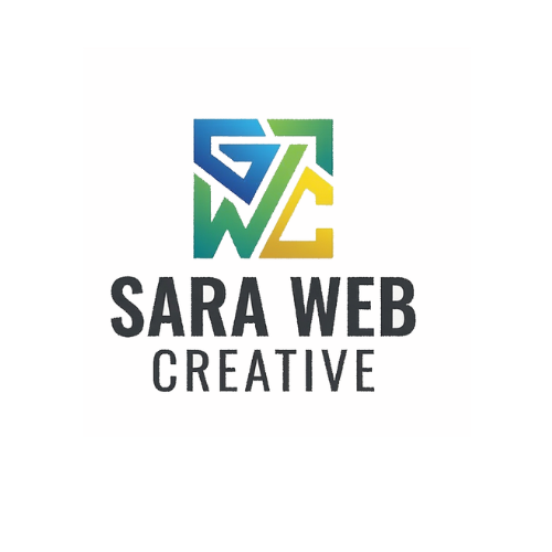 Concept logo per Sara Web Creative con un monogramma geometrico 'SWC' a forma di scatola aperta o labirinto. Le lettere sono in gradiente: 'S' blu, 'W' verde-gialla, 'C' gialla. Testo scuro sottostante.