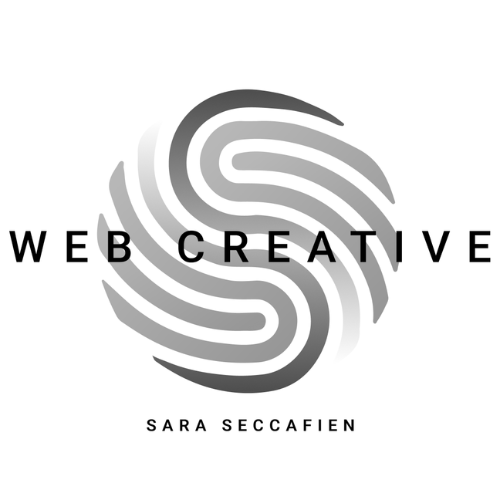 Logo in scala di grigi con icona a spirale sfumata. Testo "WEB CREATIVE" in grande e "SARA SECCAFIEN" sotto. Sfondo bianco.