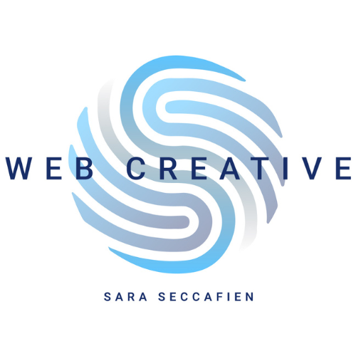 Logo colorato con icona a spirale sfumata in blu e grigio. Testo "WEB CREATIVE" in grande e "SARA SECCAFIEN" sotto. Sfondo bianco.