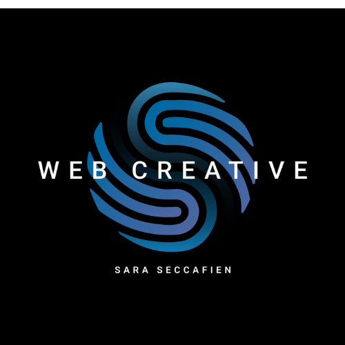 Logo colorato con icona a spirale sfumata in blu e viola su sfondo nero. Testo "WEB CREATIVE" in grande e "SARA SECCAFIEN" sotto, entrambi in bianco.