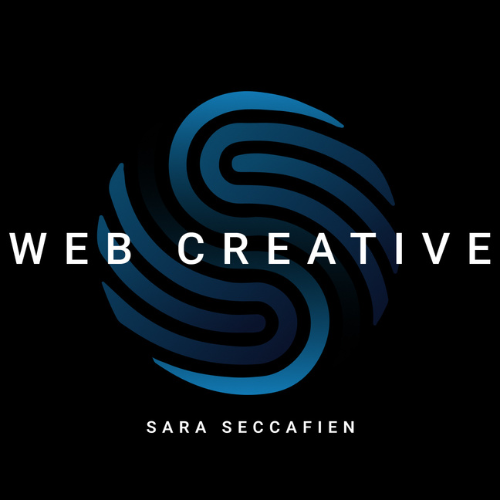 Logo colorato con icona a spirale sfumata in tonalità di blu intenso e scuro su sfondo nero. Testo "WEB CREATIVE" in grande e "SARA SECCAFIEN" sotto, entrambi in bianco.
