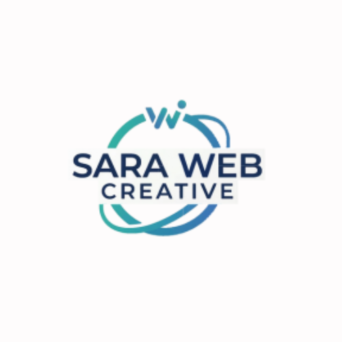 Logo colorato con anelli orbitali in sfumatura verde acqua e blu. Al centro il testo "SARA WEB CREATIVE" e in alto una piccola icona stilizzata. Sfondo bianco.