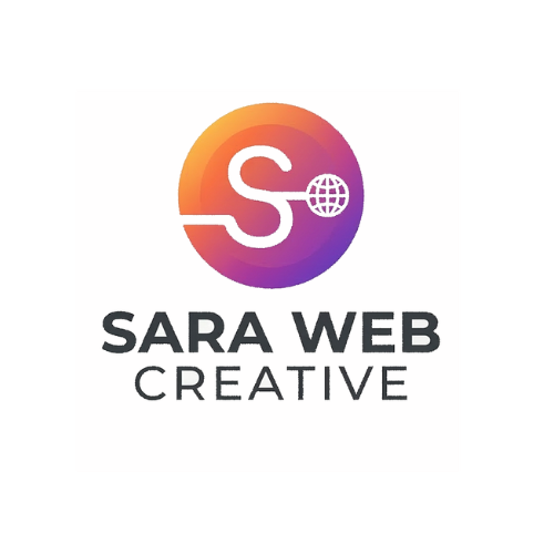 Concept logo Sara Web Creative con lettera S bianca e icona mondo su sfondo circolare sfumato arancione e viola.