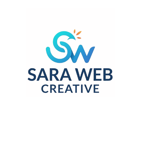 Concept logo per Sara Web Creative con monogramma 'SW' stilizzato in gradiente azzurro e blu con tre piccole foglie arancioni in alto a destra. Testo scuro sottostante.