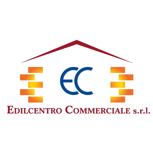 Logo Edilcentro Commerciale S.r.l. con tetto rosso, colonne formate da mattoni arancioni e monogramma blu EC al centro.